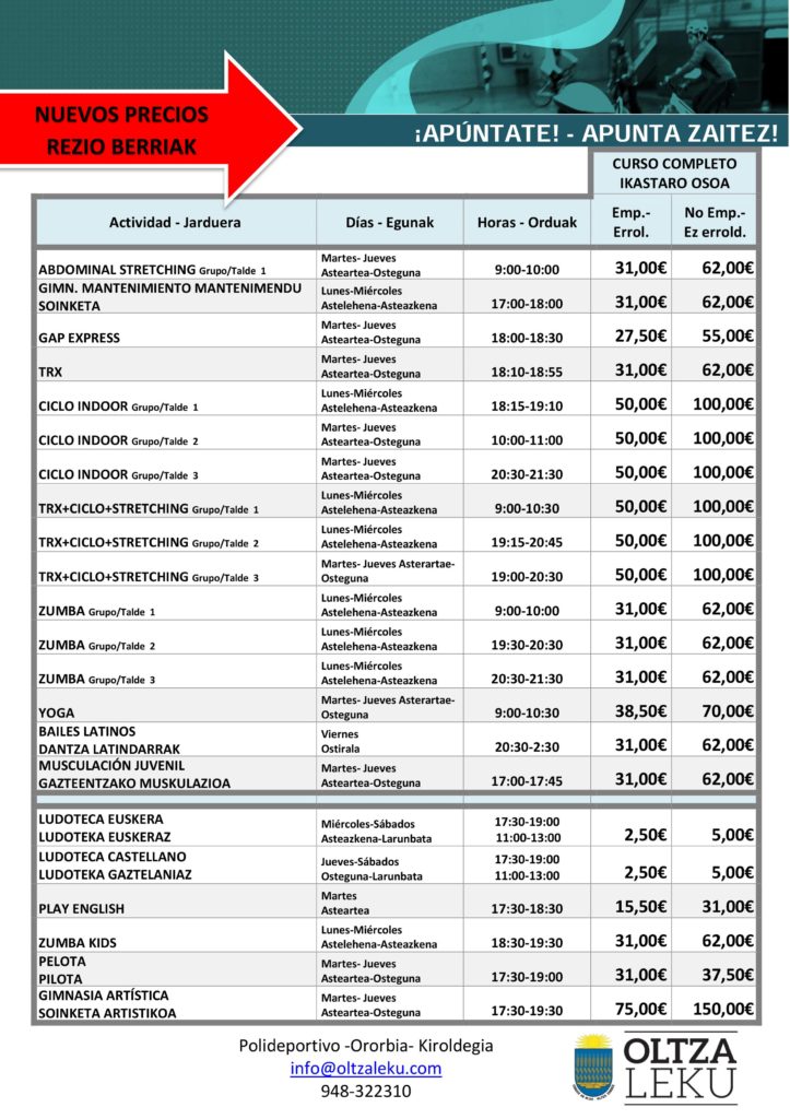 Precios actividades Marzo OLTZALEKU