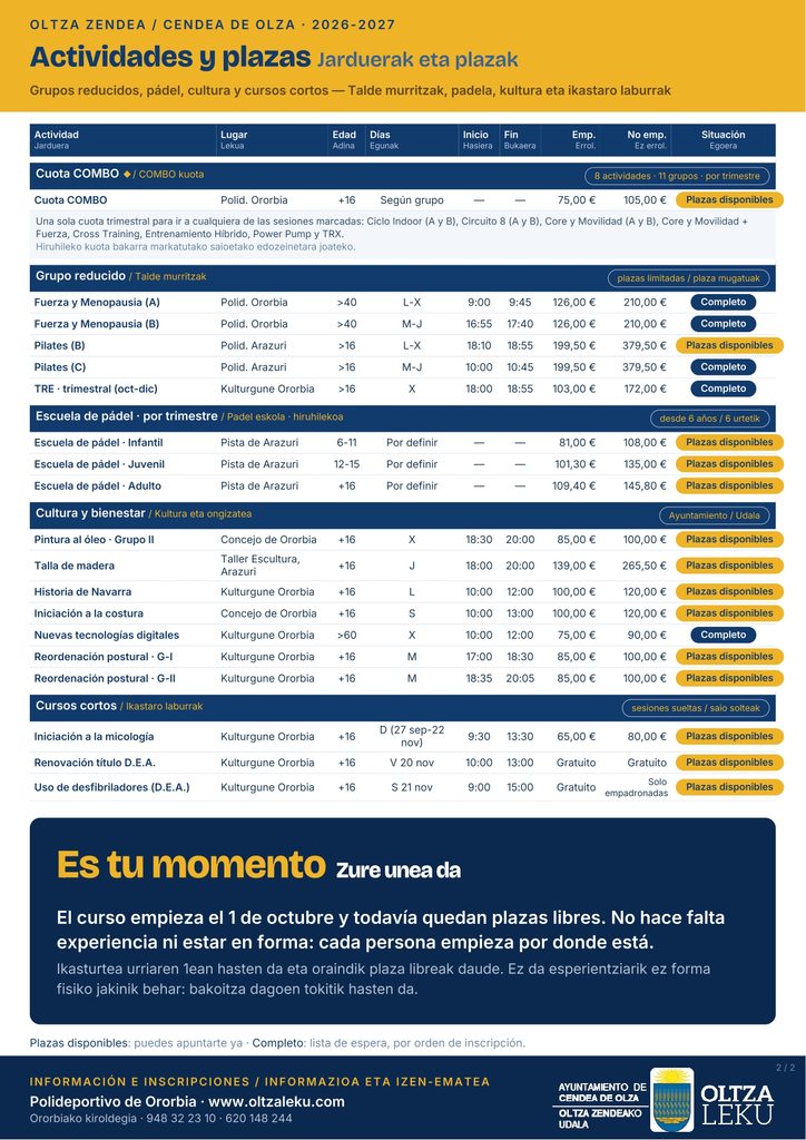 Cuadro de actividades y plazas 2026/2027, página 2